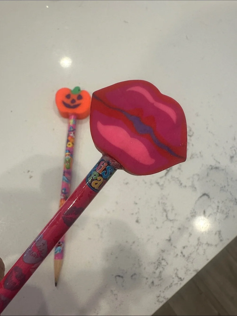 Lisa Frank Pink Pencils with Lip and Orange Pumpkin Erasers